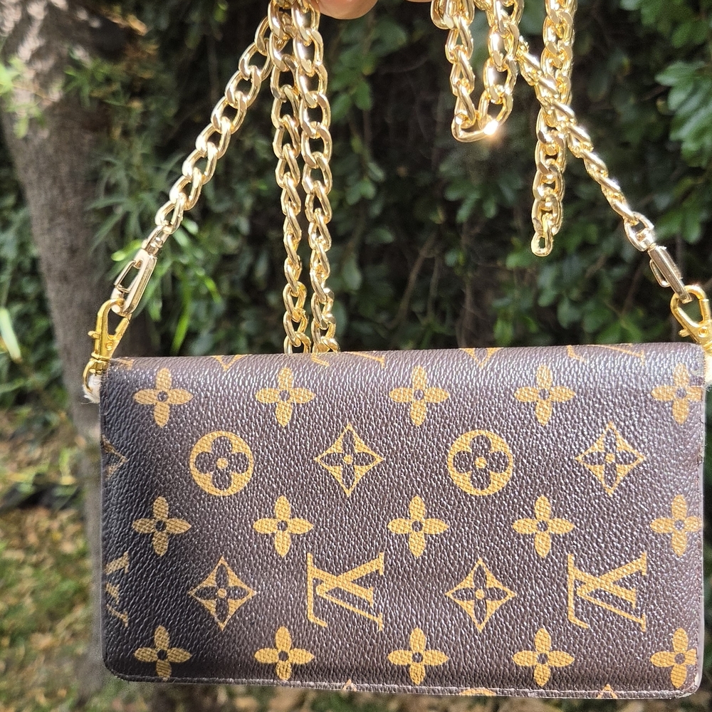 Designer-Inspired Brown Monogram Cardholder with Gold Chain